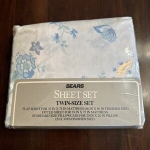 Vintage 70s Sears Twin Sheet Set New Sealed Blue‎ Butterflies Flowers White NOS